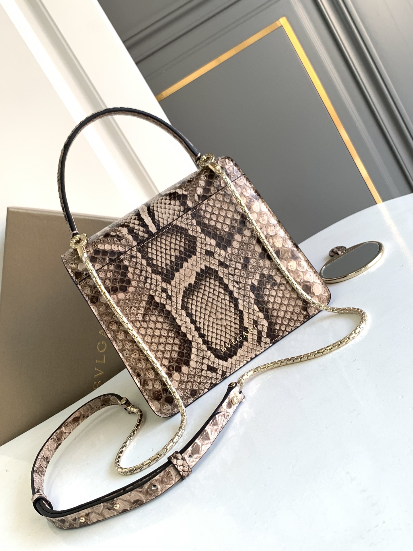 Bvlgari Serpenti Forever Mini Top Handle in Grey Python Skin